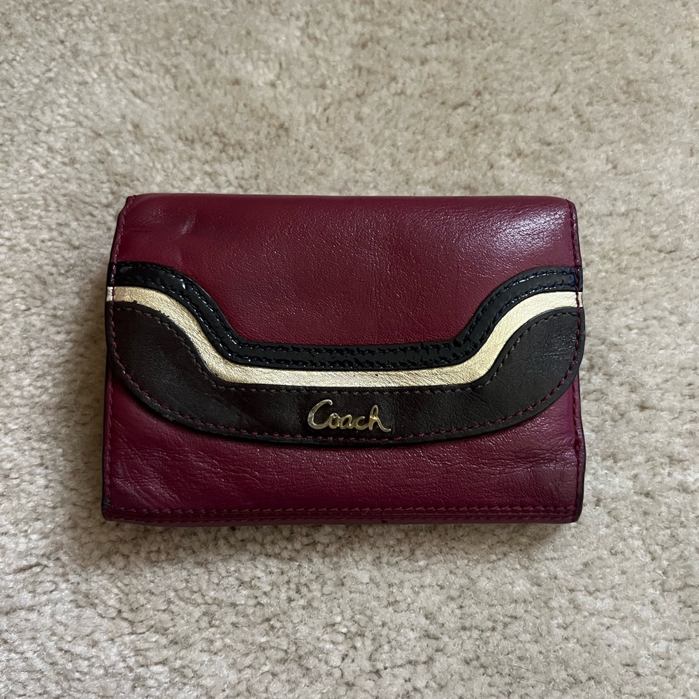Coach Maroon Leather Wallet with Brown and Gold Details